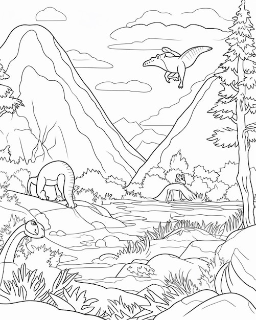 A coloring page of a mountain scene with a bear and other animals generative ai