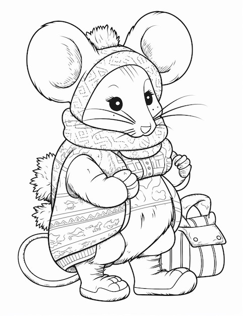 Photo a coloring page of a mouse with a scarf and a bag generative ai