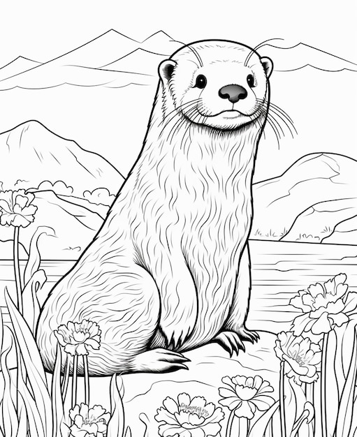 A coloring page of a otter sitting in the grass generative ai