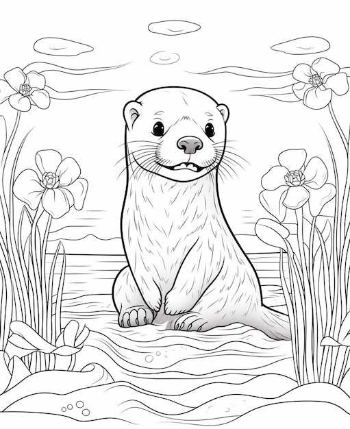 A coloring page of a otter sitting on the ground in the water generative ai