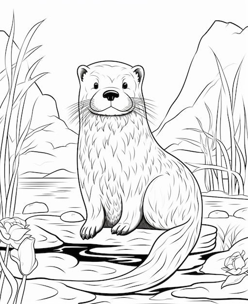 A coloring page of a otter sitting on a log in the water generative ai