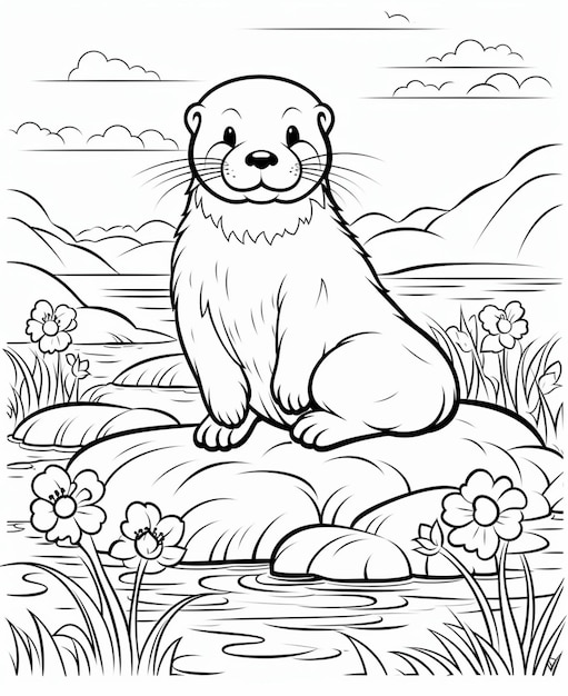 Photo a coloring page of a otter sitting on a rock in the water generative ai