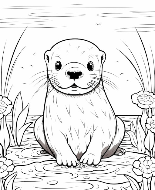 A coloring page of a otter sitting on a rock in the water generative ai