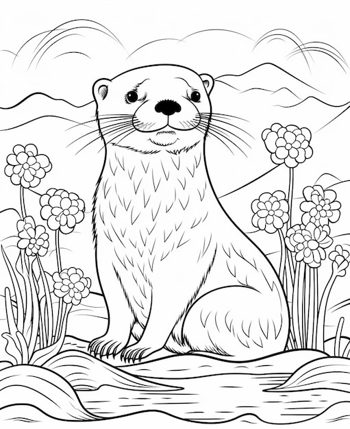 A coloring page of a otter sitting on a rock in the wild generative ai