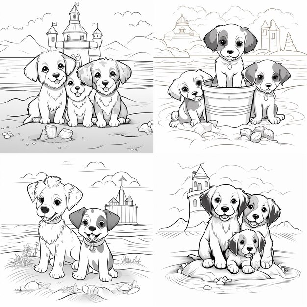 Photo coloring page outline of cute dog black and white coloring book for kids