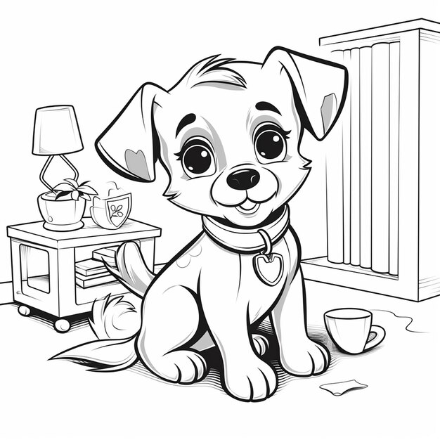 Photo coloring page outline of cute dog black and white coloring book for kids