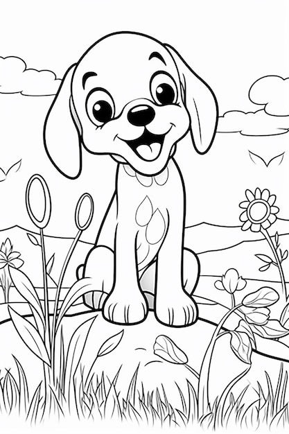 Coloring page outline of cute dog black and white coloring book for kids