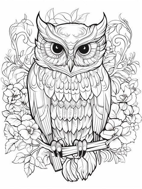 a coloring page of an owl sitting on a branch with flowers generative ai