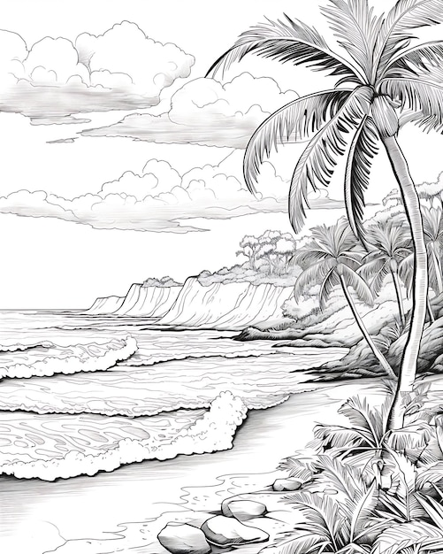 Coloring Page of Palm Trees on Beach