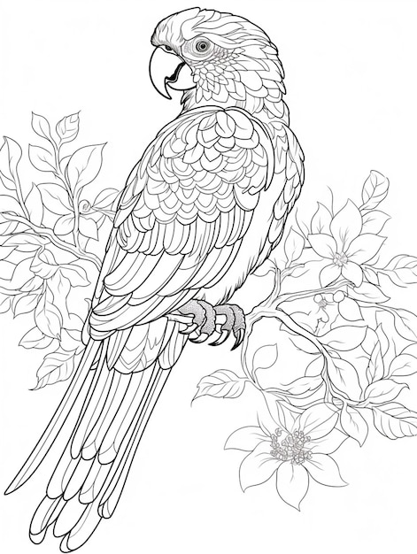 a coloring page of a parrot sitting on a branch of a tree generativ ai