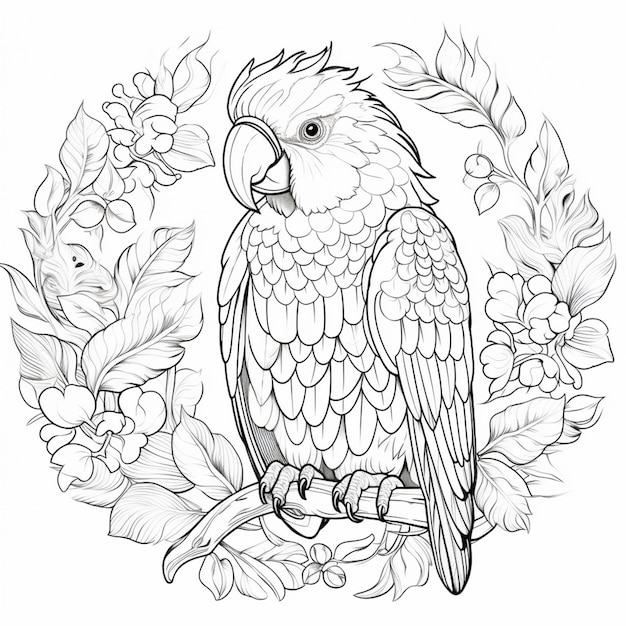 꽃 생성 ai와 함께 나뭇가지에 앉아 있는 앵무새의 색칠 페이지