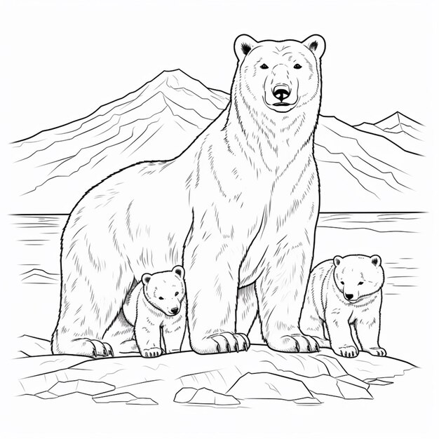 a coloring page of a polar bear and her cubs generative ai