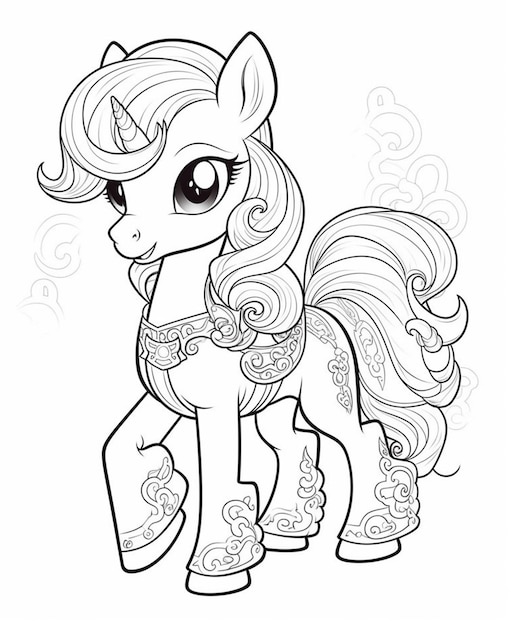 A coloring page of a pony with a long mane and a long tail generative ai