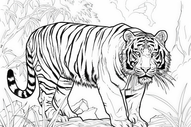 Photo coloring page a powerful tiger gracefully walks through the dense jungle foliage showcasing its natural beauty and strength