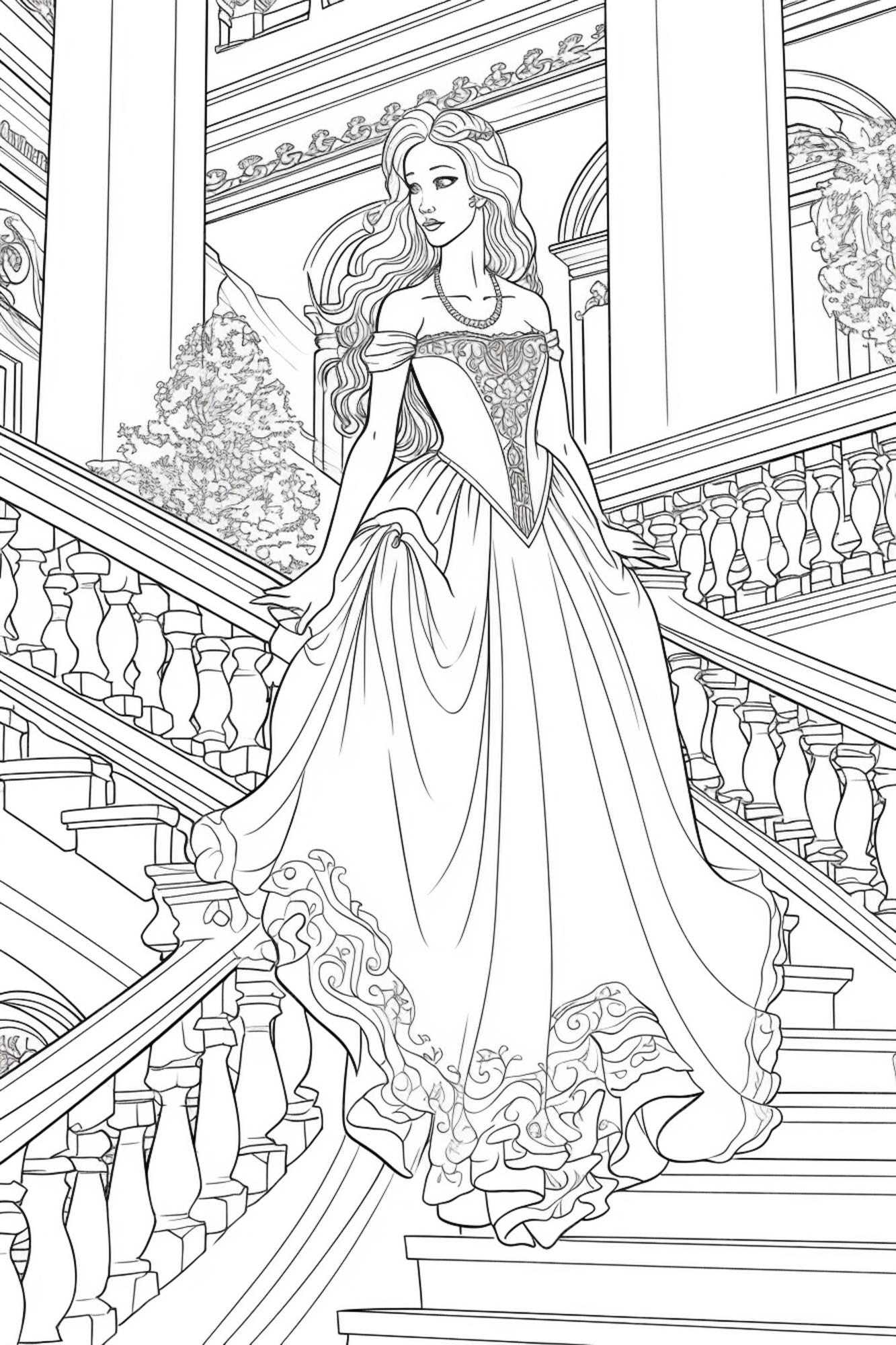 Premium Photo | A coloring page of a princess in a dress on a staircase