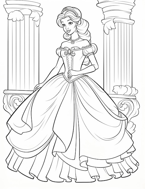 Premium AI Image | a coloring page of a princess in a dress with a ...
