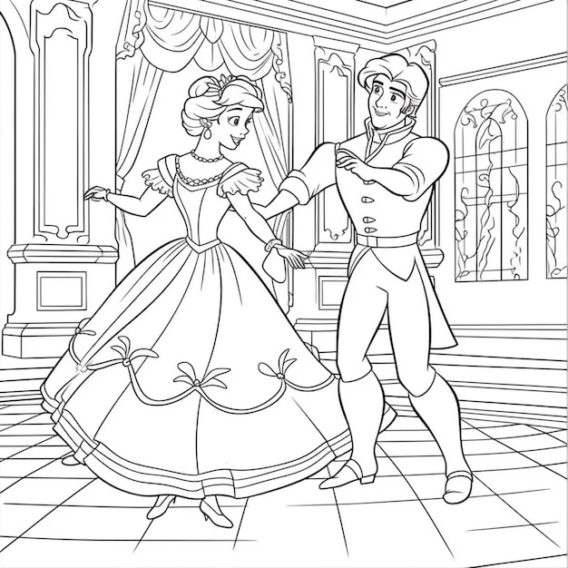 a coloring page of a princess and prince dancing together generative ai