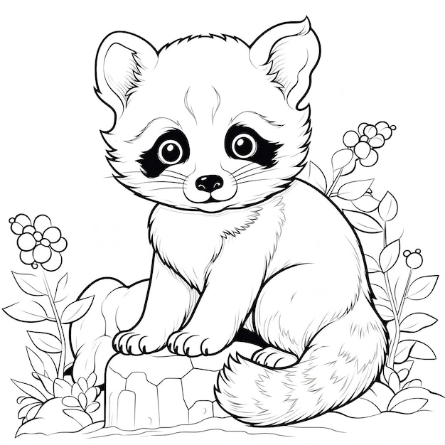 Photo coloring page of a raccoon sitting in the bushes