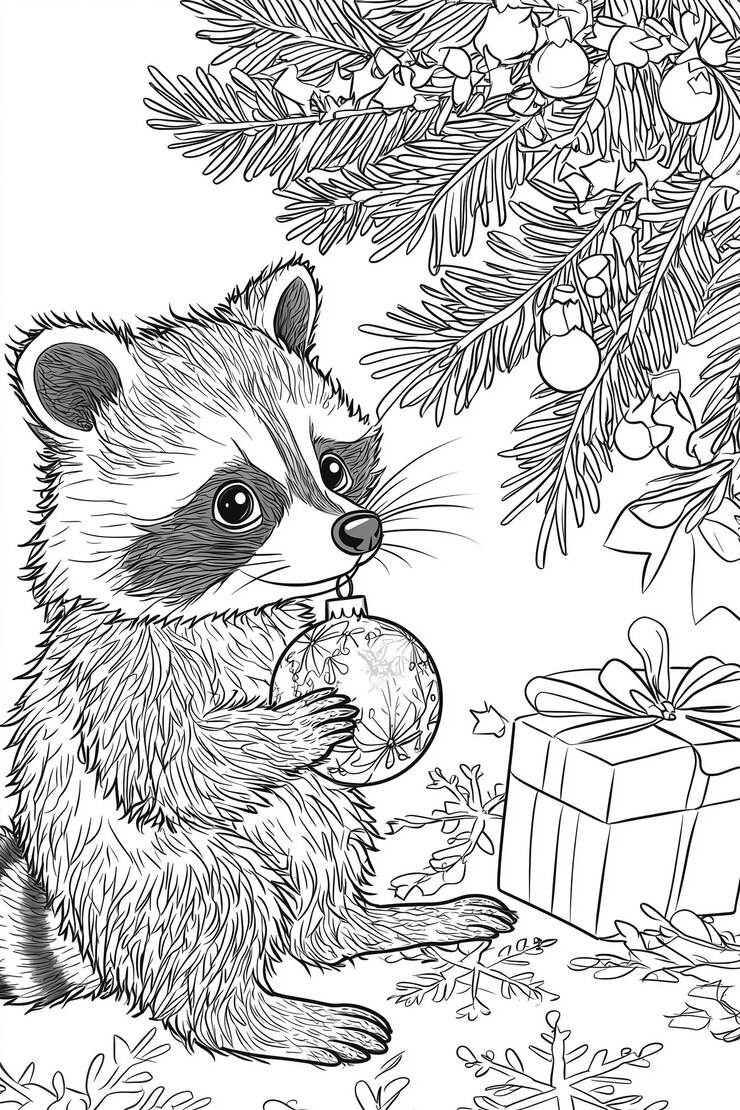 クリスマスツリーのそばに座って輝く装飾品を握っているラッコン