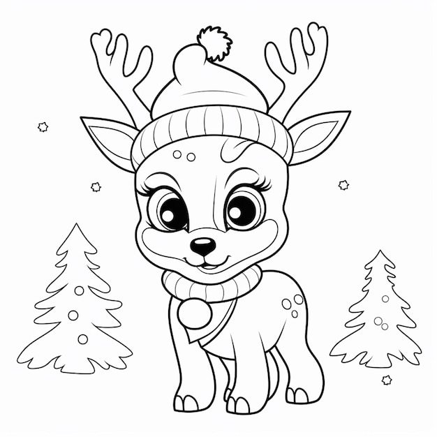 Photo a coloring page of a reindeer with a hat and scarf generative ai