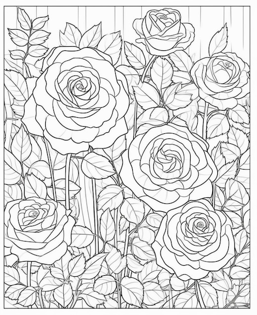 A coloring page of roses with leaves and flowers.