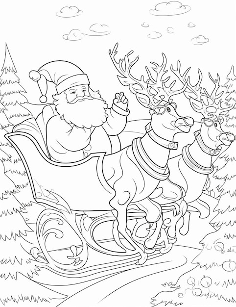 Photo a coloring page of santa claus riding a sleigh with reindeers generative ai