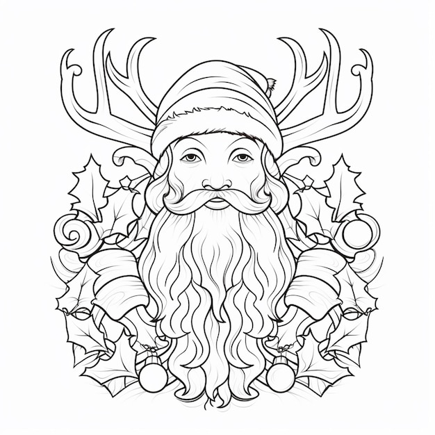 a coloring page of santa claus with a beard and antlers generative ai