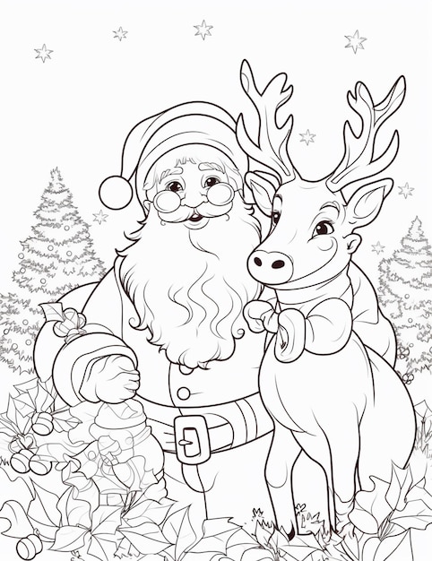a coloring page of santa and reindeer with christmas decorations generative ai