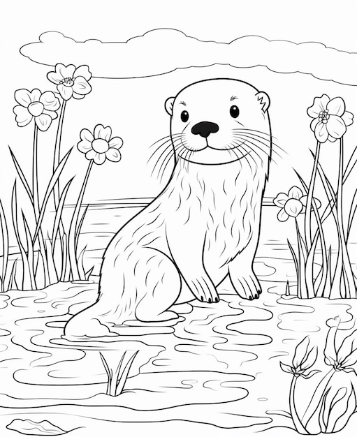 A coloring page of a sea otter sitting in the water generative ai