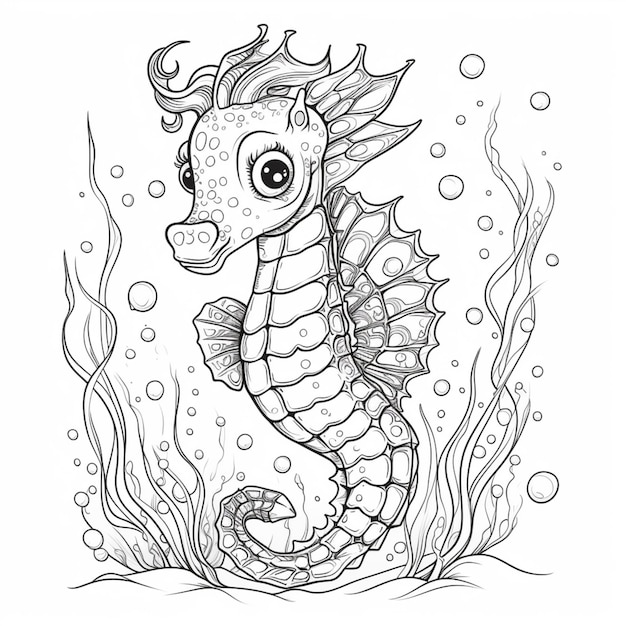 Photo a coloring page of a seahorse with bubbles and algae generative ai