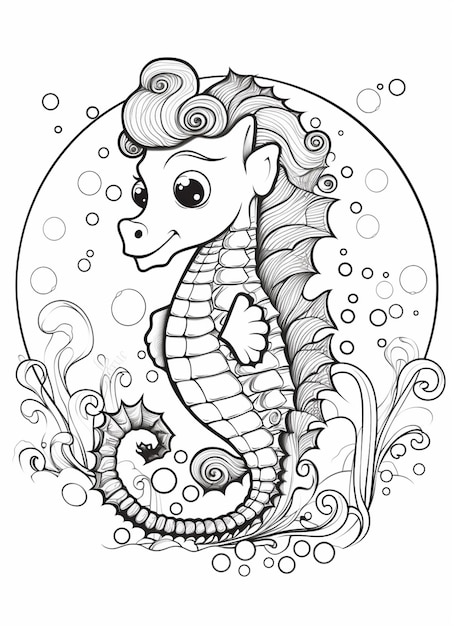 A coloring page of a seahorse with waves and bubbles generative ai
