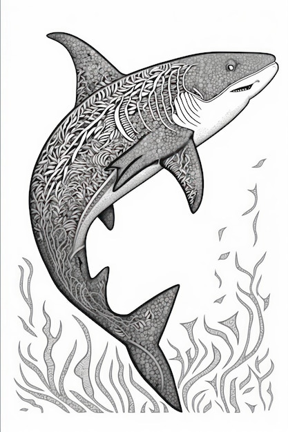 Coloring page shark think lines tribal style no shadow