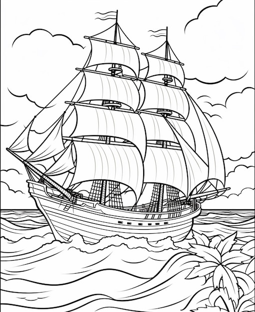 A coloring page of a ship sailing in the ocean generative ai