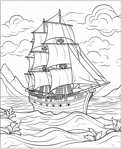 A coloring page of a ship sailing in the ocean generative ai