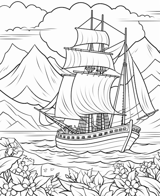 A coloring page of a ship sailing in the ocean with mountains in the background generative ai