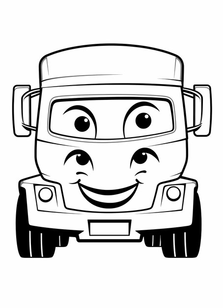 coloring page side angle kawaii truck black and white white background