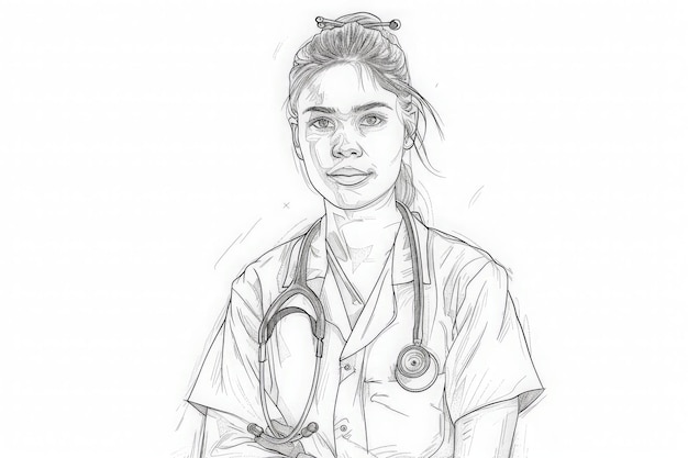 Coloring page A skilled female doctor in a contemplative pose holding a stethoscope showcasing her dedication to healthcare and healing