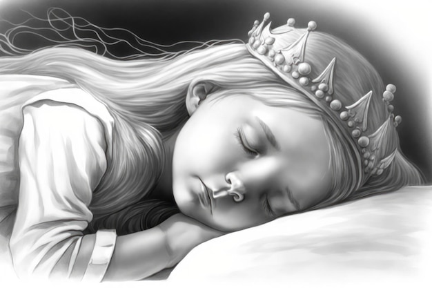 Раскраска страницы спящая маленькая принцесса в оттенках серого