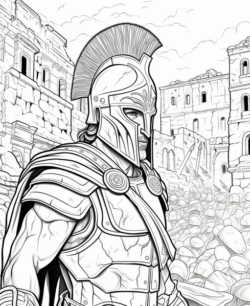 a coloring page of a spartan in a roman city generative ai