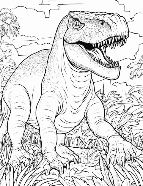 A coloring page of a t rex in the jungle generative ai