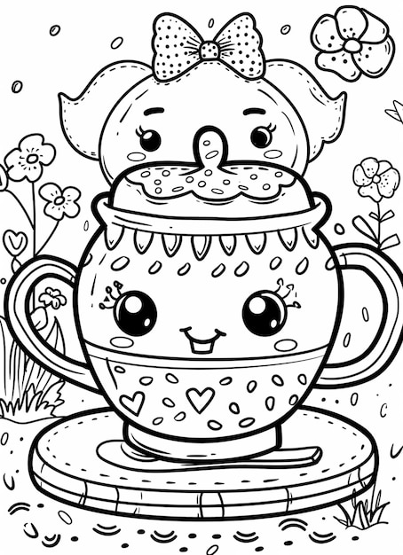 a coloring page of a teapot with a cat on top generative ai