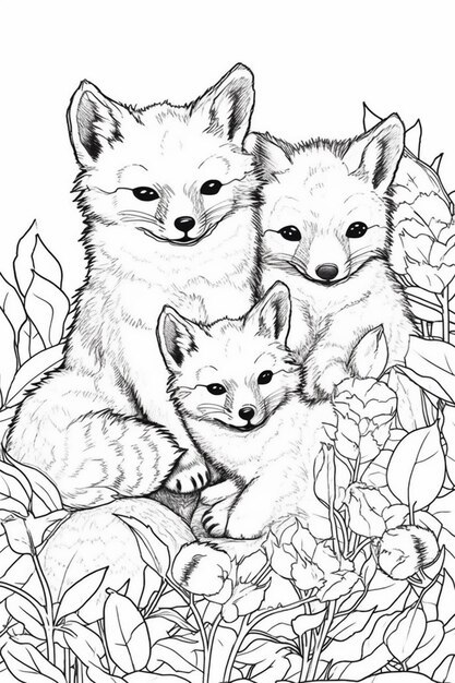 a coloring page of three foxes in a nest with leaves generative ai