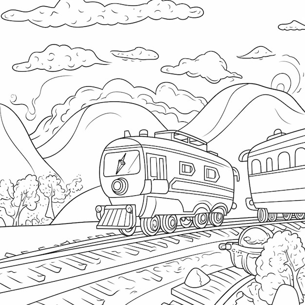 A coloring page of a train traveling down the tracks generative ai