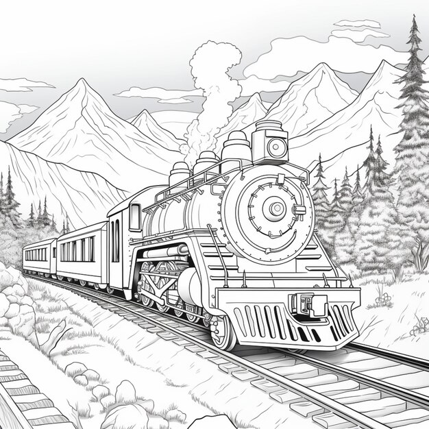 a coloring page of a train traveling through a mountain landscape generative ai