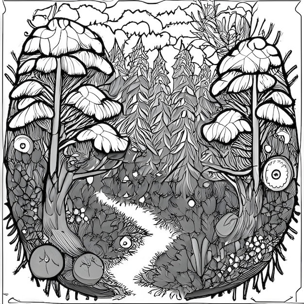 Coloring Page Tree Forest River Flowers 2