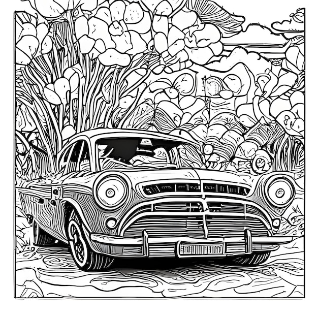 Coloring Page Tree Forest River Flowers Car 0