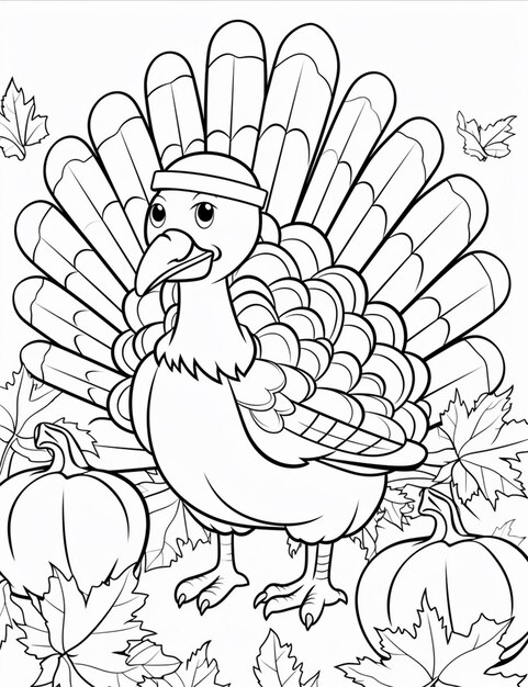 Photo a coloring page of a turkey with a hat and pumpkins generative ai