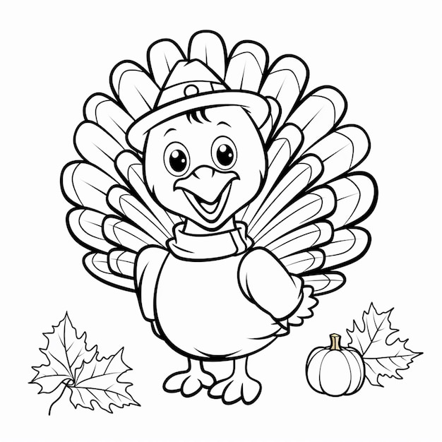 Photo a coloring page of a turkey with a pumpkin and leaves generative ai