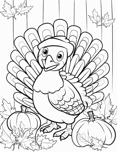 Photo a coloring page of a turkey with a pumpkin and leaves generative ai