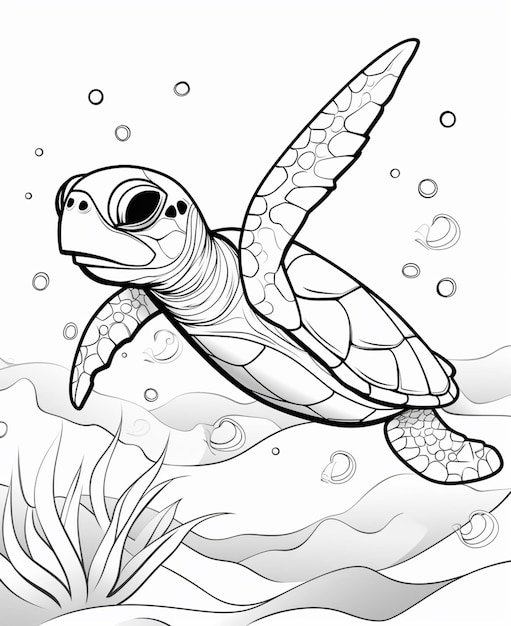 A coloring page of a turtle swimming in the ocean generative ai